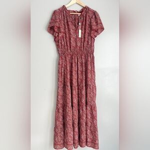 Size M Max Studio Boho Red Floral Maxi Dress with Smocked Waist